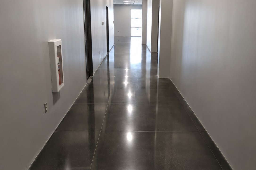 Polished concrete corridor finished by Kenjura Tile &mdash; a clean, durable surface running the length of a commercial facility.